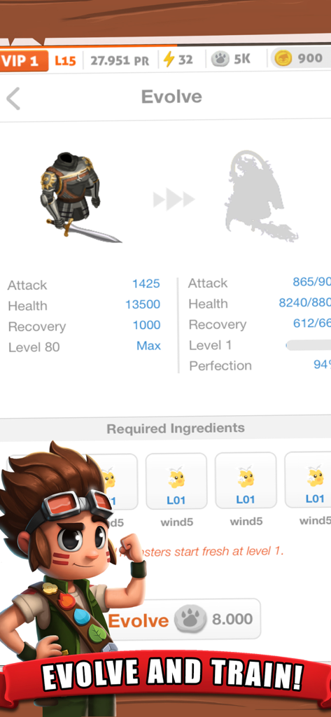 Battle Camp game interface showing monster evolution with stats and required ingredients