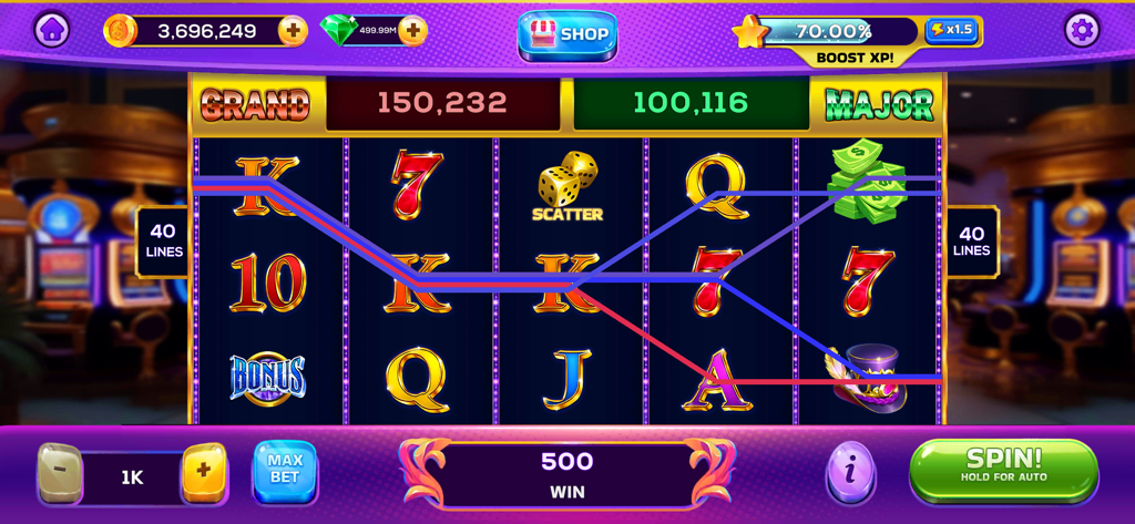 In-game screenshot of Crazy Slots Royal Casino Game showing 5 reels with 40 paylines and a royal purple interface