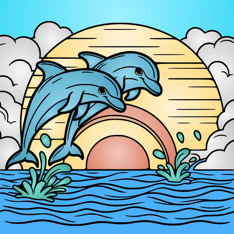 dolphins jumping in water with sunset