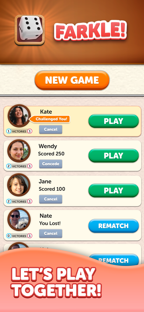 Écran de l'application Farkle Dice Roll montrant une liste de matchs actifs et de défis d'amis.