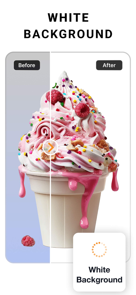 Photo Cut: Cutout pro & paste - Comparación antes y después de una foto de helado que muestra la eliminación del fondo reemplazado por un fondo blanco limpio