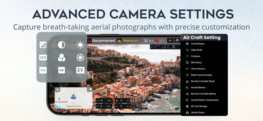 Interface of the Fly Go 4 app showing advanced camera settings and aircraft status menu over a scenic aerial drone view
