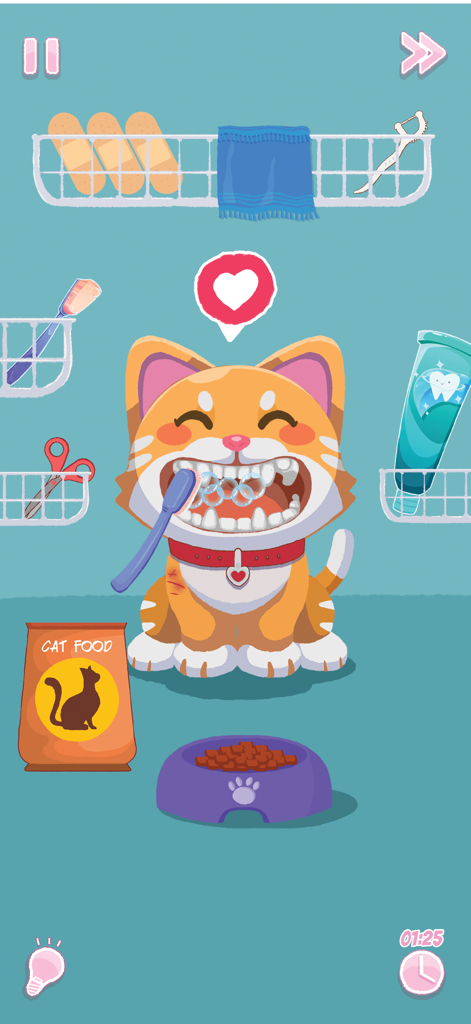 Un gato naranja lindo a quien se le cepillan los dientes con burbujas en un mini-juego acogedor de cuidado de mascotas