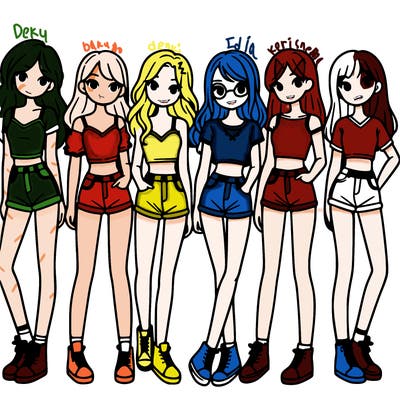 a group of girls wearing crop tops and shorts