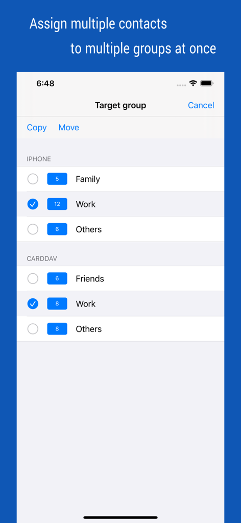 Screenshot of iContacts app showing a screen to assign multiple contacts to different groups like Family and Work at once