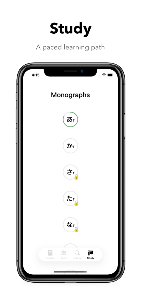 Smartphone screen showing a paced learning path for Japanese Hiragana monographs in the Kana Origin app.