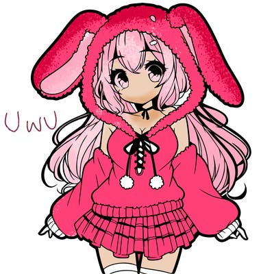 pretty anime girl wearing a fluffy hoodie with bunny ears on the hood and a skirt