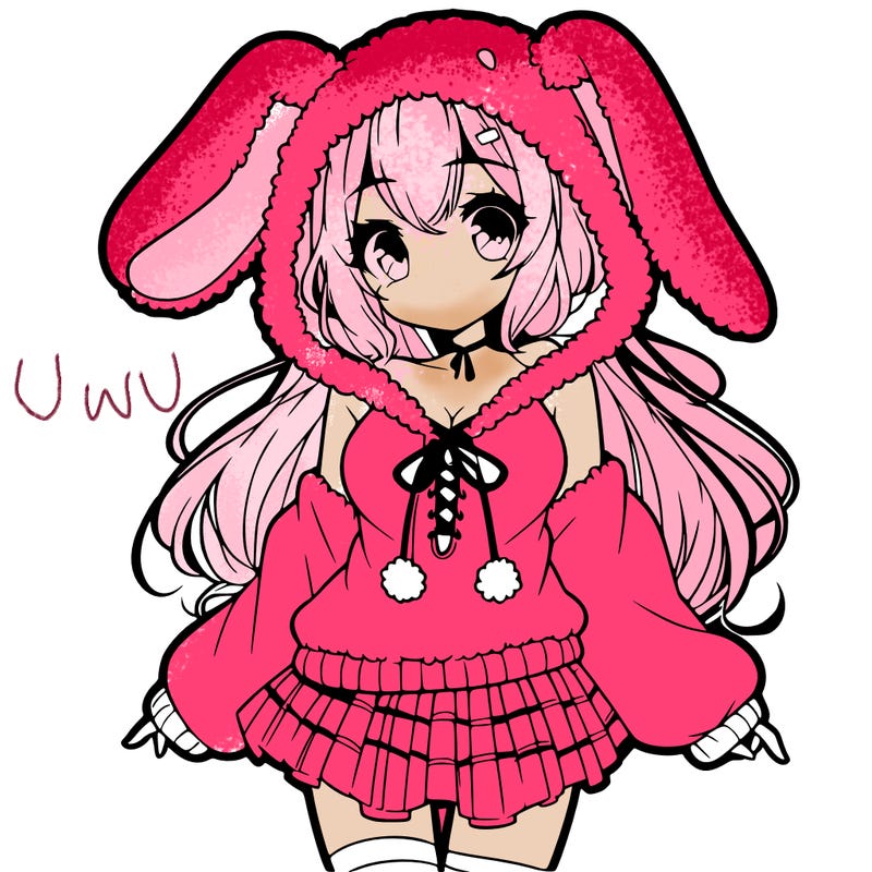 pretty anime girl wearing a fluffy hoodie with bunny ears on the hood and a skirt