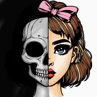 realistic girl with half skull mask