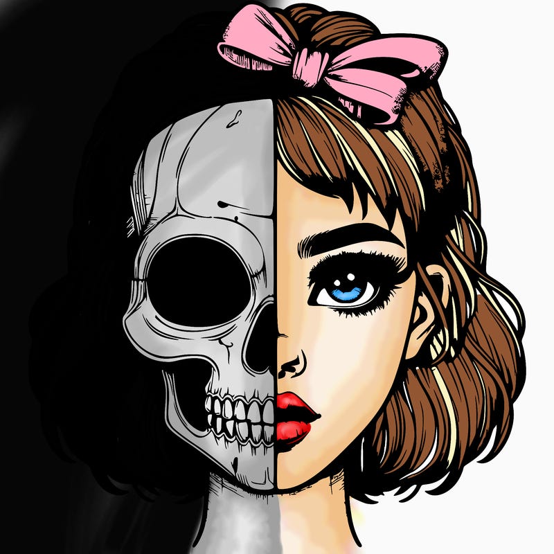 realistic girl with half skull mask