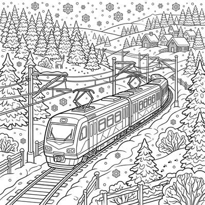 Take a magical ride through the snow with this delightful electric train coloring page. It features a modern train speeding through a picturesque winter wonderland, filled with detailed landscapes and charming snow accents.
