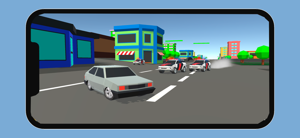 Rota de Fuga - Gameplay of a grey car escaping police vehicles in a colorful low-poly city environment