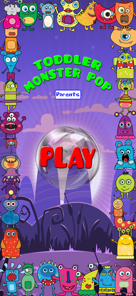 Toddler Monster Pop - Menú principal del juego Toddler Monster Pop que muestra monstruos de dibujos animados coloridos y un gran botón rojo de reproducción.