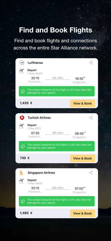 App mobile Star Alliance che visualizza opzioni di volo delle compagnie aeree membri con prezzi e pulsanti di prenotazione