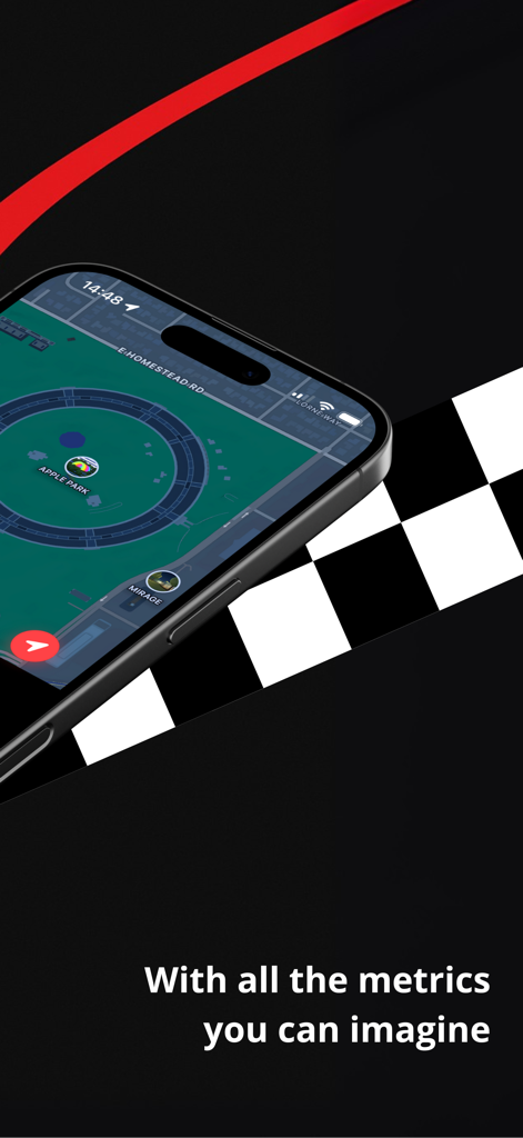 App RaceTrack su un iPhone che mostra una mappa interattiva e metriche di prestazione