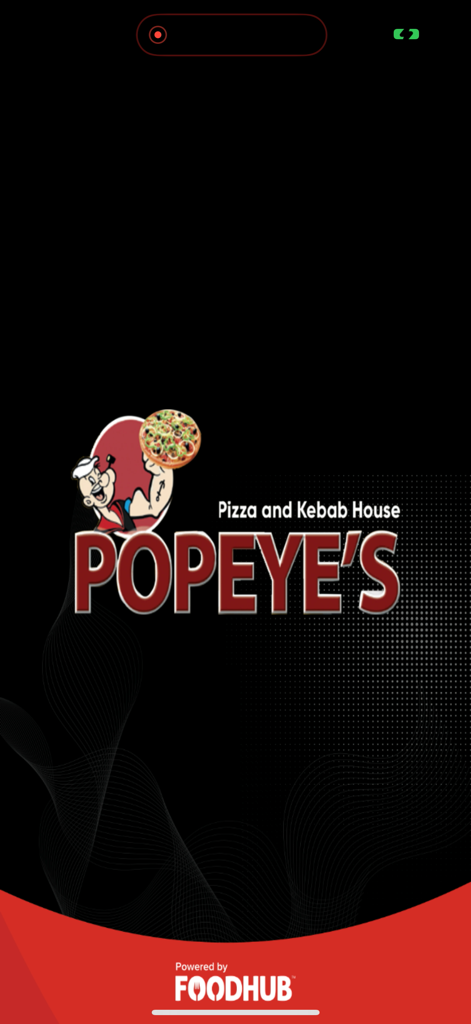 Popeyes. - Splash screen of Popeye's Pizza and Kebab House app showing the character Popeye holding a pizza and the brand logo.