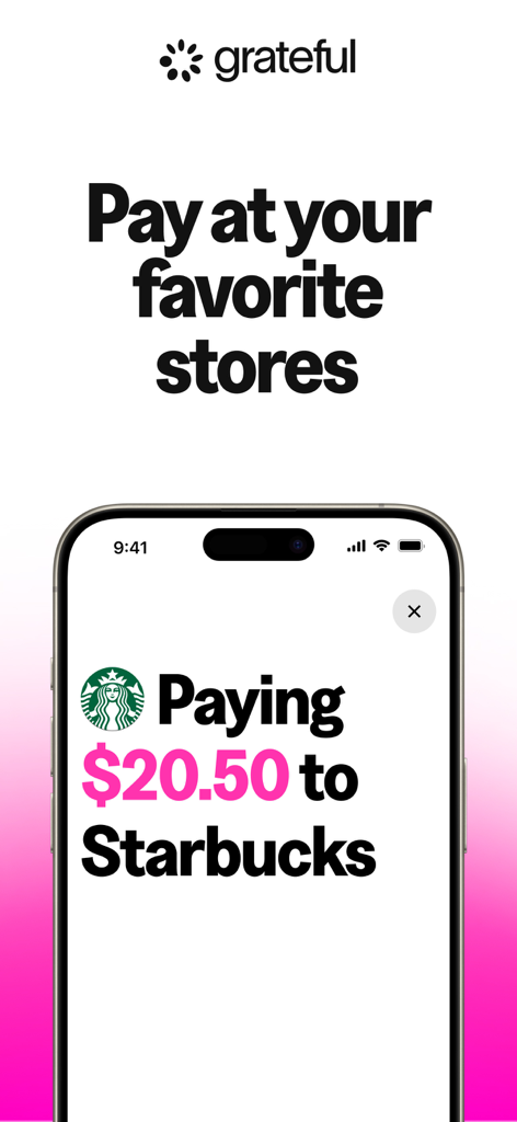 Interfaz de la aplicación Grateful que muestra un pago móvil de veinte dólares a Starbucks.