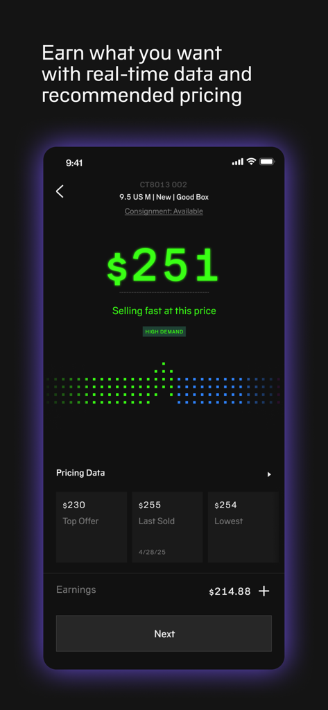 Alias app interface showing real-time pricing data and market insights for sneaker resale