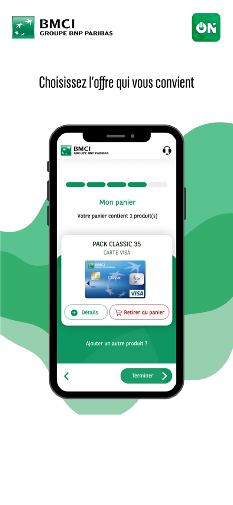 BMCI ON - BMCI ON mobile App-Bildschirm, der ein ausgewähltes Banking-Paket mit einer Visa-Karte im Warenkorb zeigt
