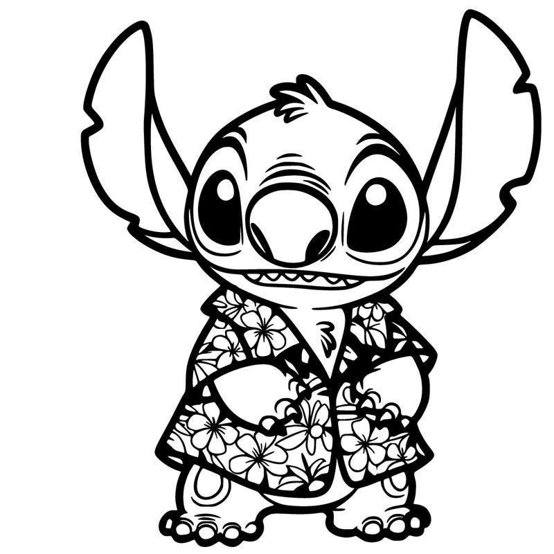stitch with a hawaiian shirt that has flowers on it