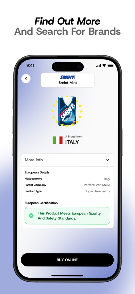BrandSnap - Go European - BrandSnap app displaying brand details and origin for an Italian product with European quality certification
