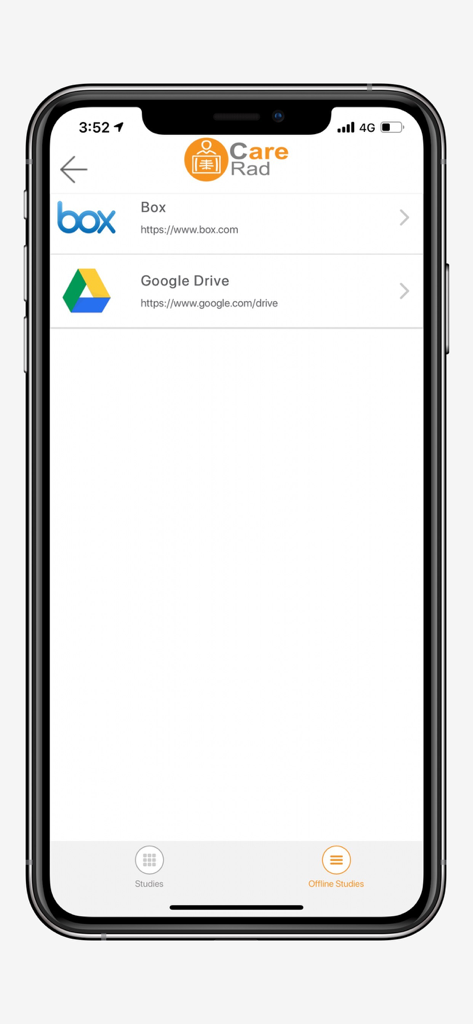 CareRad app screen showing cloud storage sync options for Box and Google Drive.