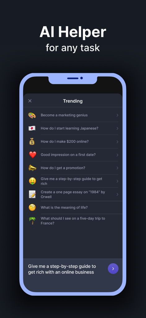 Oberfläche der VisualMind-App, die die KI-Helfer-Funktion mit einer Liste von Trending Prompts für Lernen und Produktivität zeigt