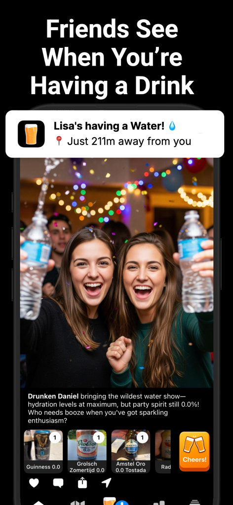 Screenshot of Beer Buddy app showing a notification that a friend is having a drink nearby