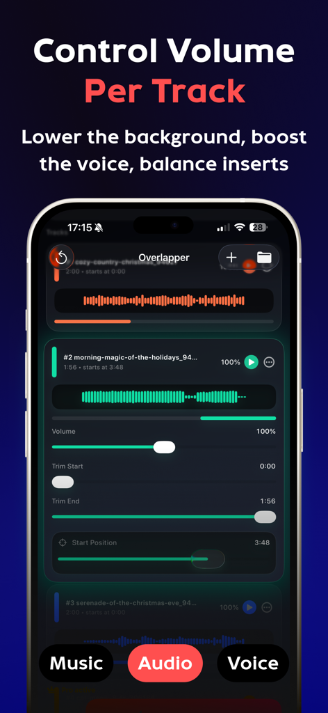 Interfaz de aplicación móvil que muestra controles de volumen y recorte de pistas individuales en el mezclador de audio Overlapper.