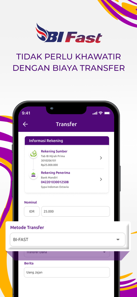 Muamalat DIN - Muamalat DINモバイルアプリの送金画面。BI-Fastが選択されています。