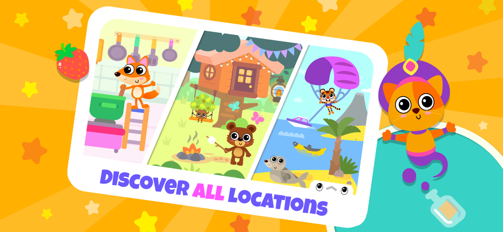 Mega World educational game for kids showing multiple play locations and animal characters