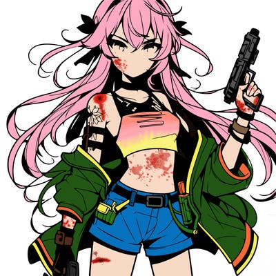 bad girl wearing crop top holding a gun long hair anime