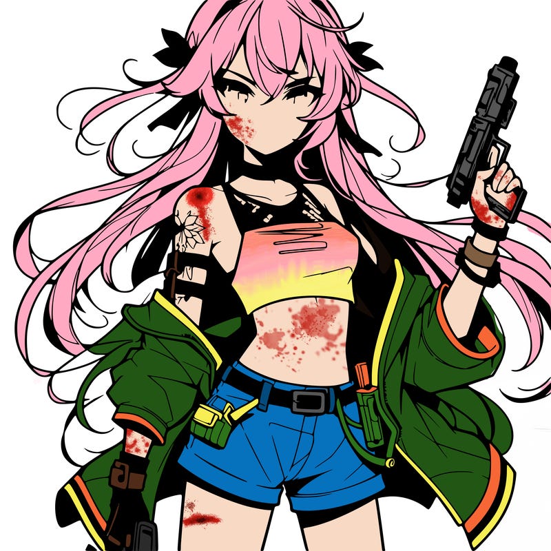 bad girl wearing crop top holding a gun long hair anime