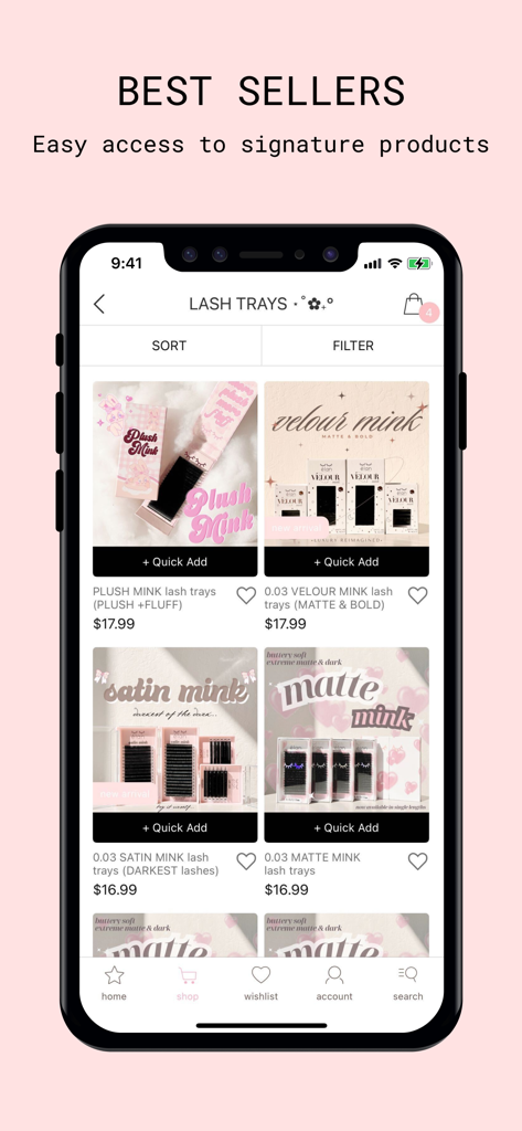 Best sellers screen of the elan beaute app featuring various professional lash trays