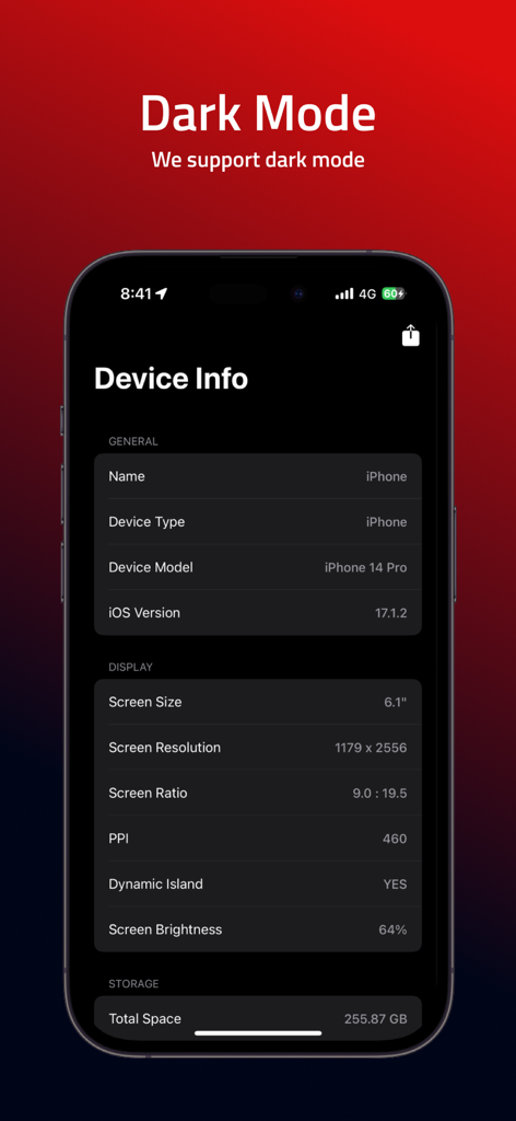 iDevice Info App - iDevice Info App interface showing iPhone hardware specifications in dark mode