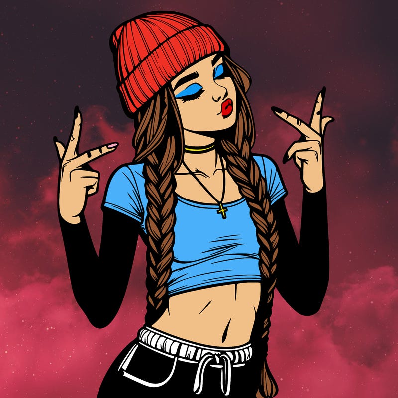 realistic teenage girl with braids and a beanie and crop top doing 🫶🏼