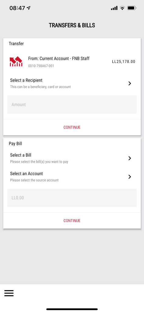 FNB Mobile App interface showing options to transfer money and pay bills from a Lebanese bank account.