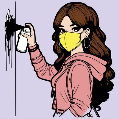 realistic girl with mask spray painting a wall