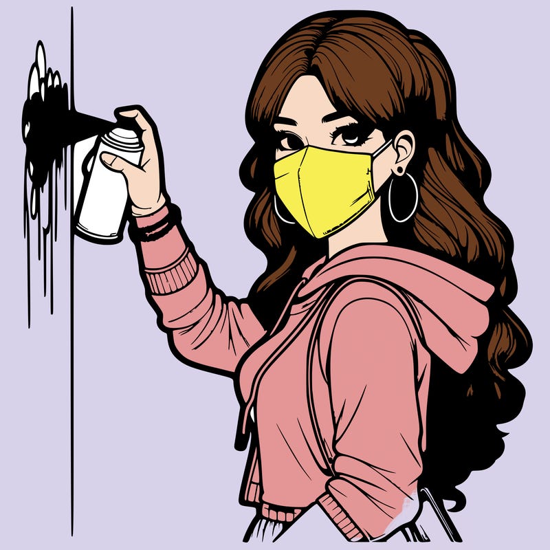 realistic girl with mask spray painting a wall