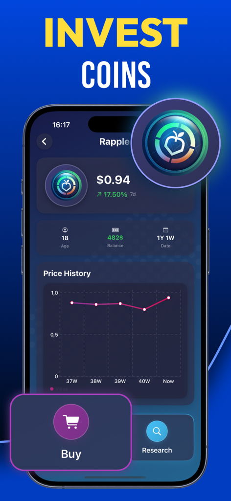 Referee Simulator : Soccer - Interfaz del juego para invertir monedas con un gráfico de historial de precios y un botón de compra.