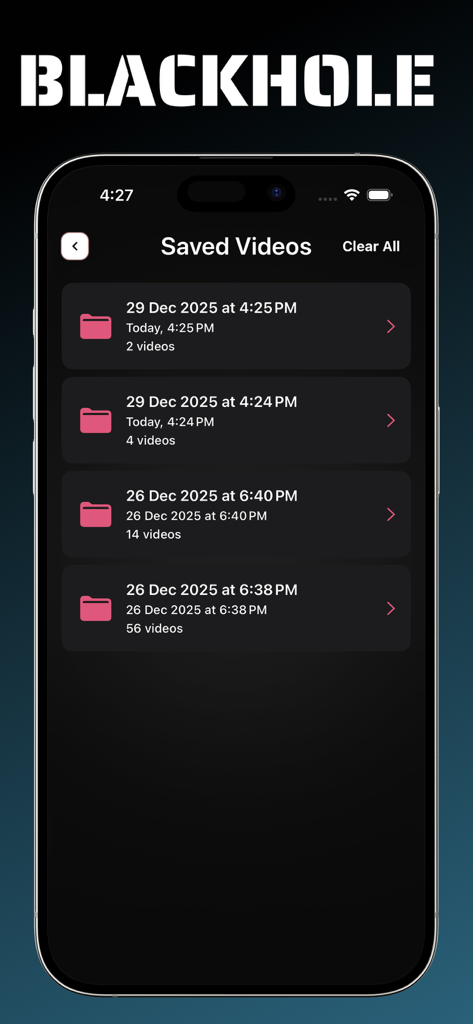 Blackhole Spliter, Video Saver - A screenshot of the Blackhole Video Splitter app showing a list of saved videos organized into folders by date and time.