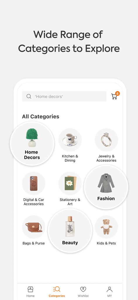 idus - Handmade Marketplace - idusアプリのスクリーンショット。ファッション、美容、ホームデコレーションなど、幅広いハンドメイドショッピングカテゴリを表示。