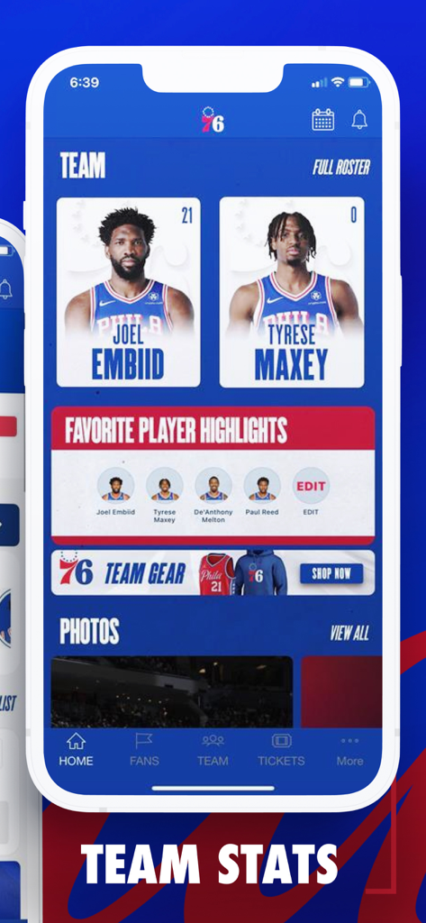 Philadelphia 76ers - Philadelphia 76ers official app displaying team roster and favorite player highlights
