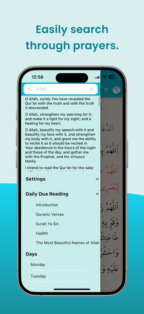 Eine mobile Benutzeroberfläche der Daily Dua Readings App, die eine Suche nach Gebeten und ein Navigationsmenü mit spirituellen Kategorien anzeigt.