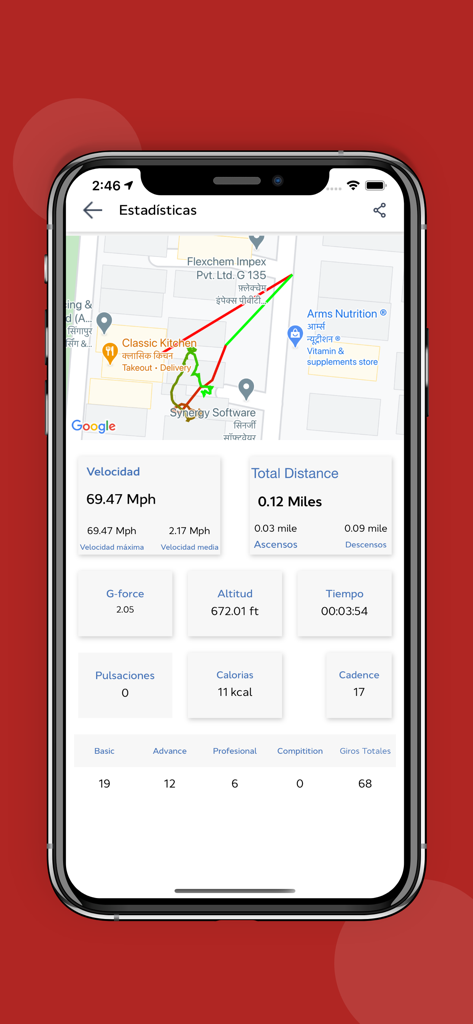 PRO SKI Sensor - Detailed skiing performance statistics dashboard in the PRO SKI Sensor app showing speed and GPS map