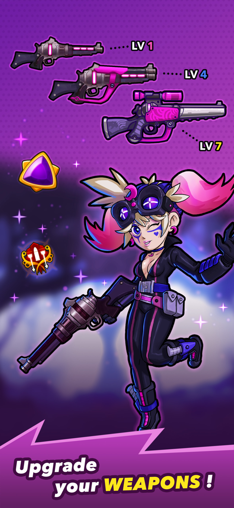 Ein weiblicher Heldencharakter, der den Waffenfortschritt von Level 1 bis Level 7 zeigt