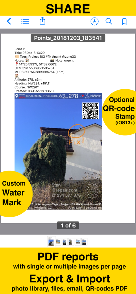 GPS Camera 55. Field Survey - Screenshot of a PDF report generated by the GPS Camera 55 app showing a photo with location stamps, annotations, and custom watermarks.