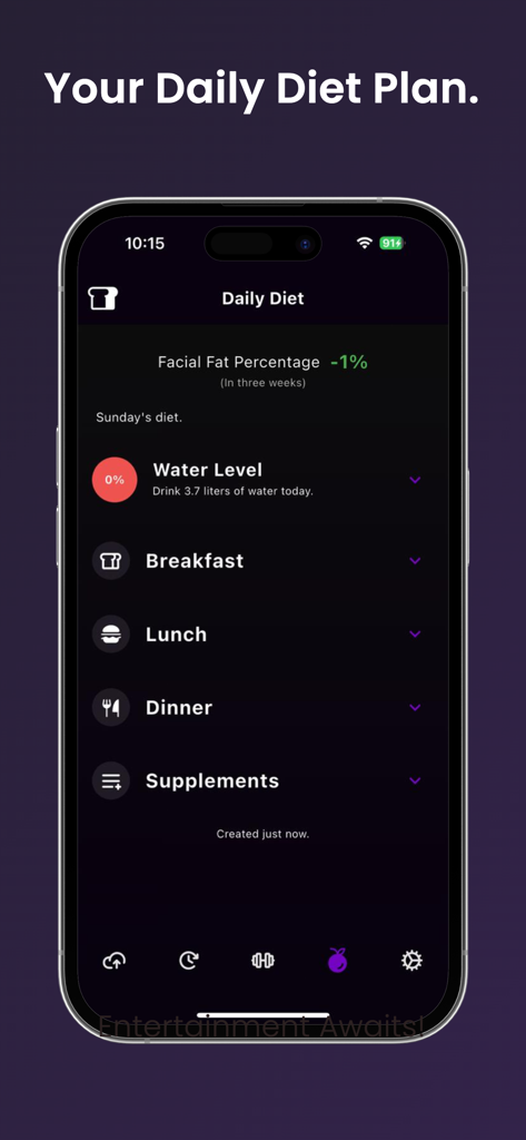 JawMax - JawMax app screen showing a daily diet plan and facial fat percentage tracking.