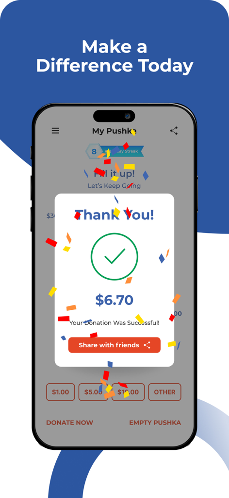 Tzedakah Pushka - Charity Box - Tela de confirmação no aplicativo Tzedakah Pushka para uma doação de caridade bem-sucedida.