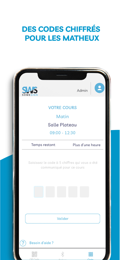 SWS Student - Smartphone screen showing the SWS Student app code entry page for class attendance validation.